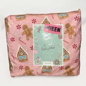 NEW Twinkle Lights Christmas Holiday Pink Gingerbread Sheet Set Queen Candyland